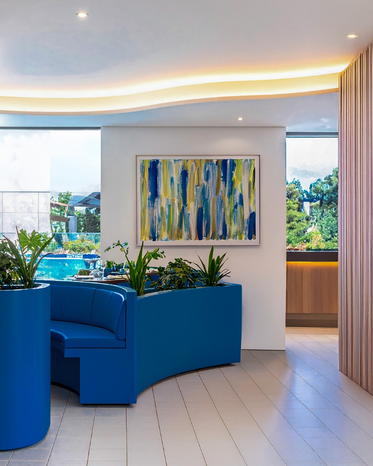 Interno contemporaneo con colori intensi e vibranti, protagonismo del blu e tonalit&agrave; trasformative