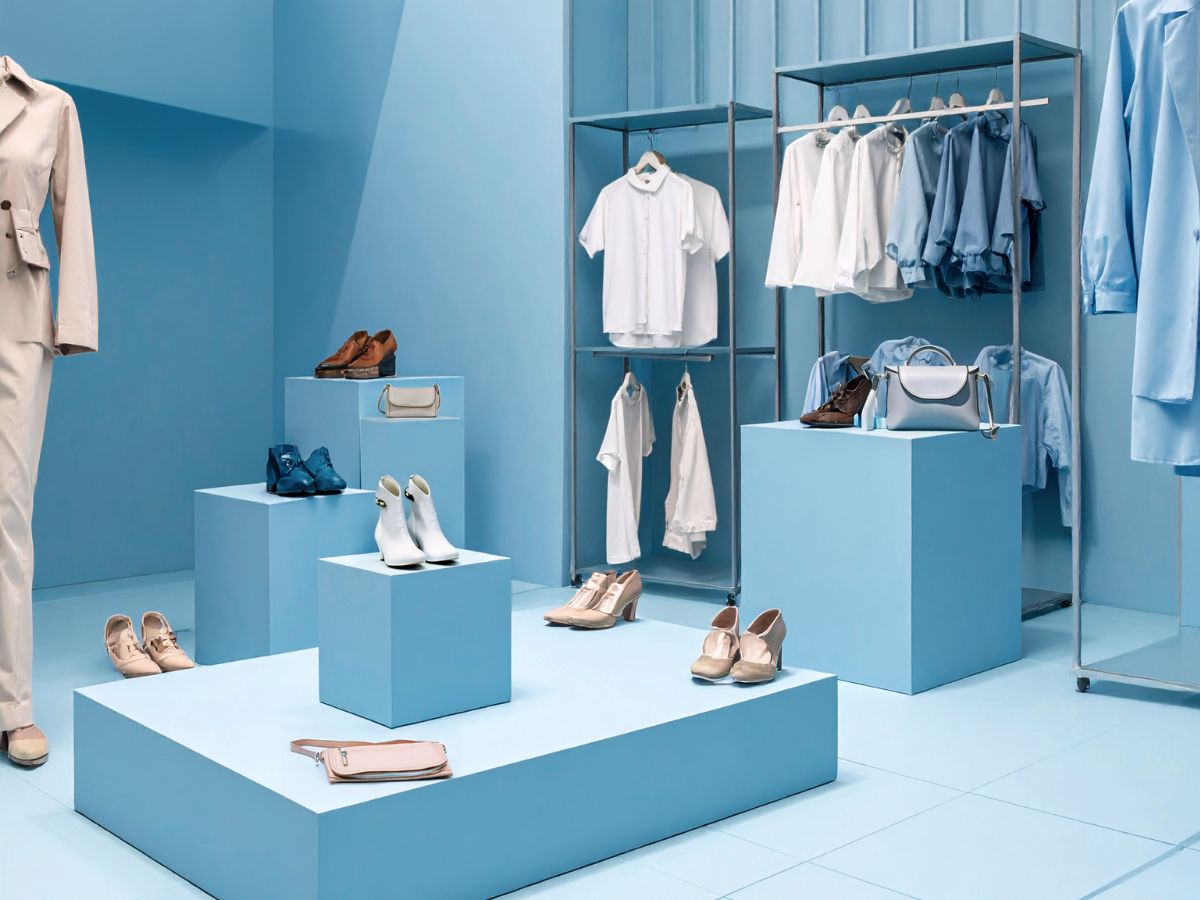 Interno commerciale in tonalit&agrave; blu che amplificano la percezione dello spazio e della luminosit&agrave;